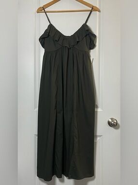 Linen & Life Green Cotton Midi Dress Ruffle Neck Strappy Babydoll NWT S